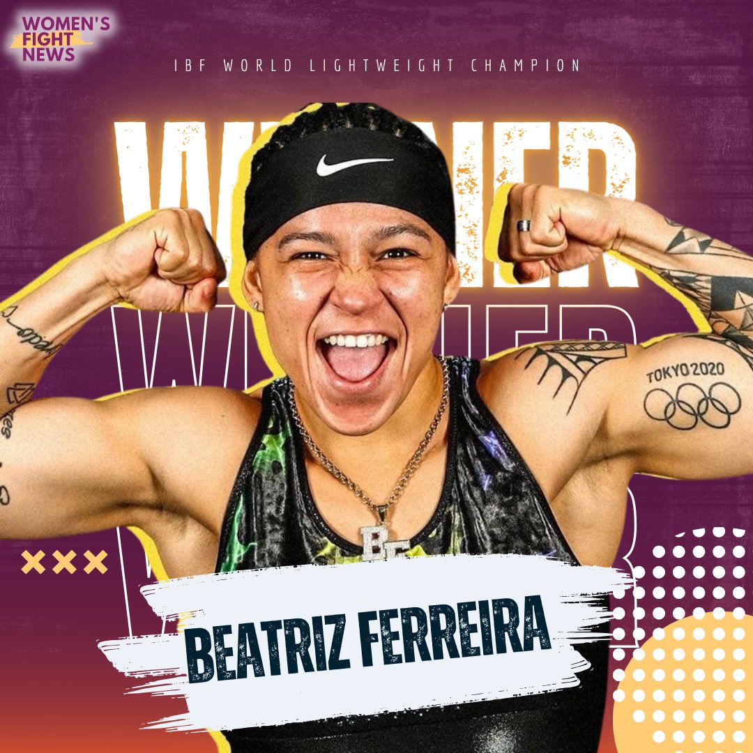 Congrats @BFerreira60kg 🇧🇷 on becoming the IBF World Light Champ by TD, on Saturday night. The bout was halted due to a cut over Yanina del Carmen Lescano’s left eye by an accidental head clash in the 5th round. The scorecards were, 59-55 x 2 & 58-55, all for Ferreira 🔥