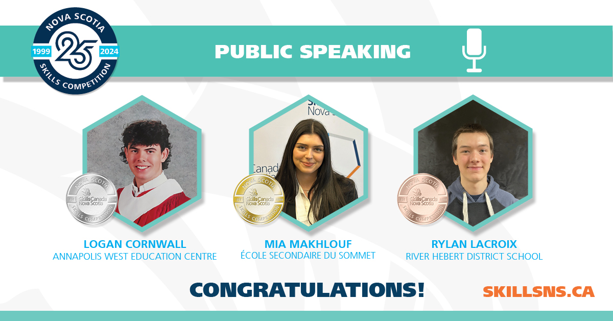 Congratulations to the winners of the Public Speaking event at the 2024 Nova Scotia Skills Competition!
#2024NSSkillsCompetition #SkilledTrades #Technology #NovaScotia #publicspeaking @AnnapolisWest @Cougars500 River Hebert District School