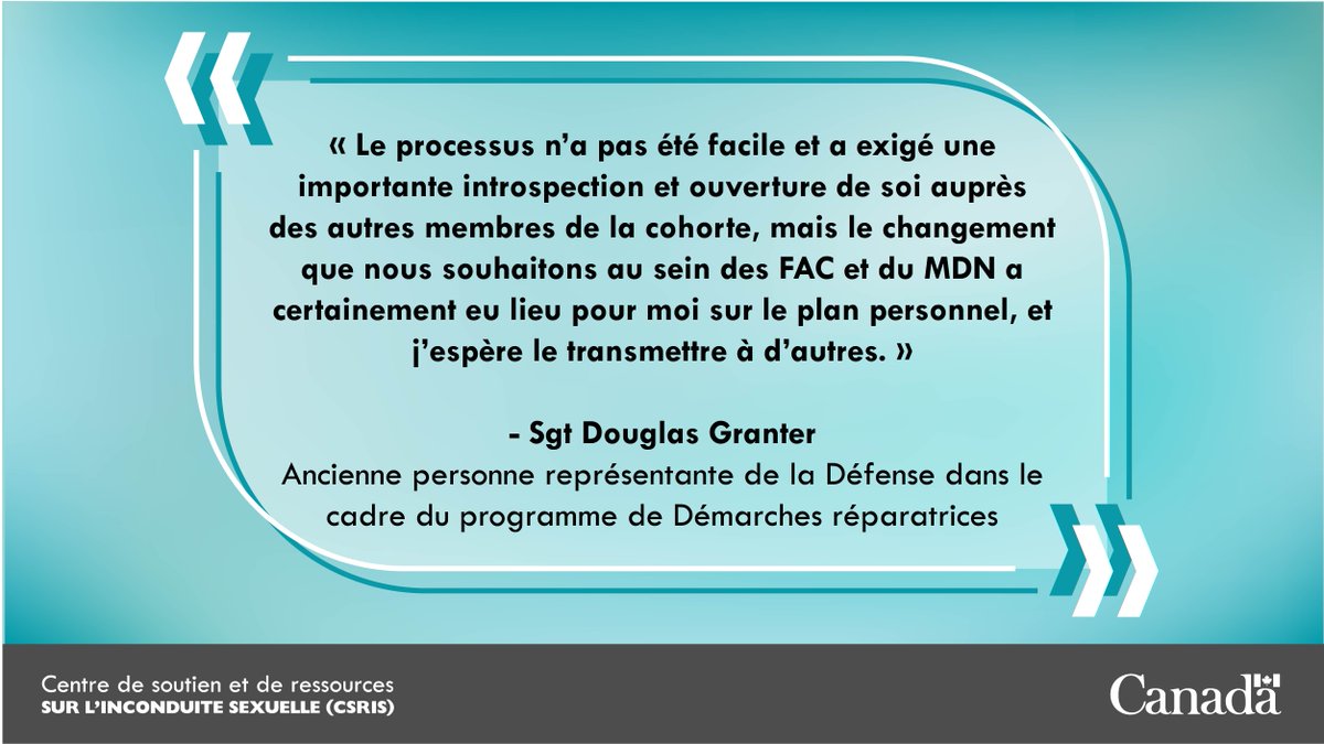 Découvrez les nouvelles façons de participer au programme de #DémarchesRéparatrices du CSRIS en tant que personne représentante de la Défense! Adaptées pour divers grades, postes et horaires, ces options sont accessibles et inclusives. 

Participez : canada.ca/fr/ministere-d…