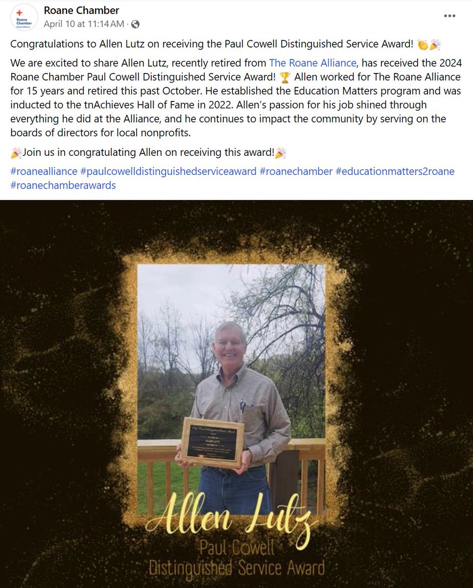Congratulations to longtime tnAchieves champion Allen Lutz for being awarded the Paul Cowell Distinguished Service Award! For nearly 15 years, Allen has served as a tnAchieves mentor and provided local guidance and support in Roane County through his role at @roanealliance. He