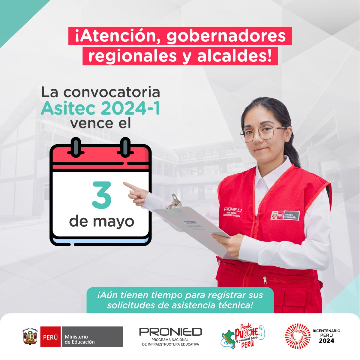 proniedperu's tweet photo. 📣 ¡Gobernadores regionales y alcaldes, aún tienen tiempo para registrar sus solicitudes de asistencia técnica! Así podrán mejorar la calidad de sus proyectos de infraestructura educativa 🏫.
Recuerden que la convocatoria #Asitec 2024-1 vence el 3 de mayo 📆. #PresentaTuProyecto https://t.co/U71l3TlAXl