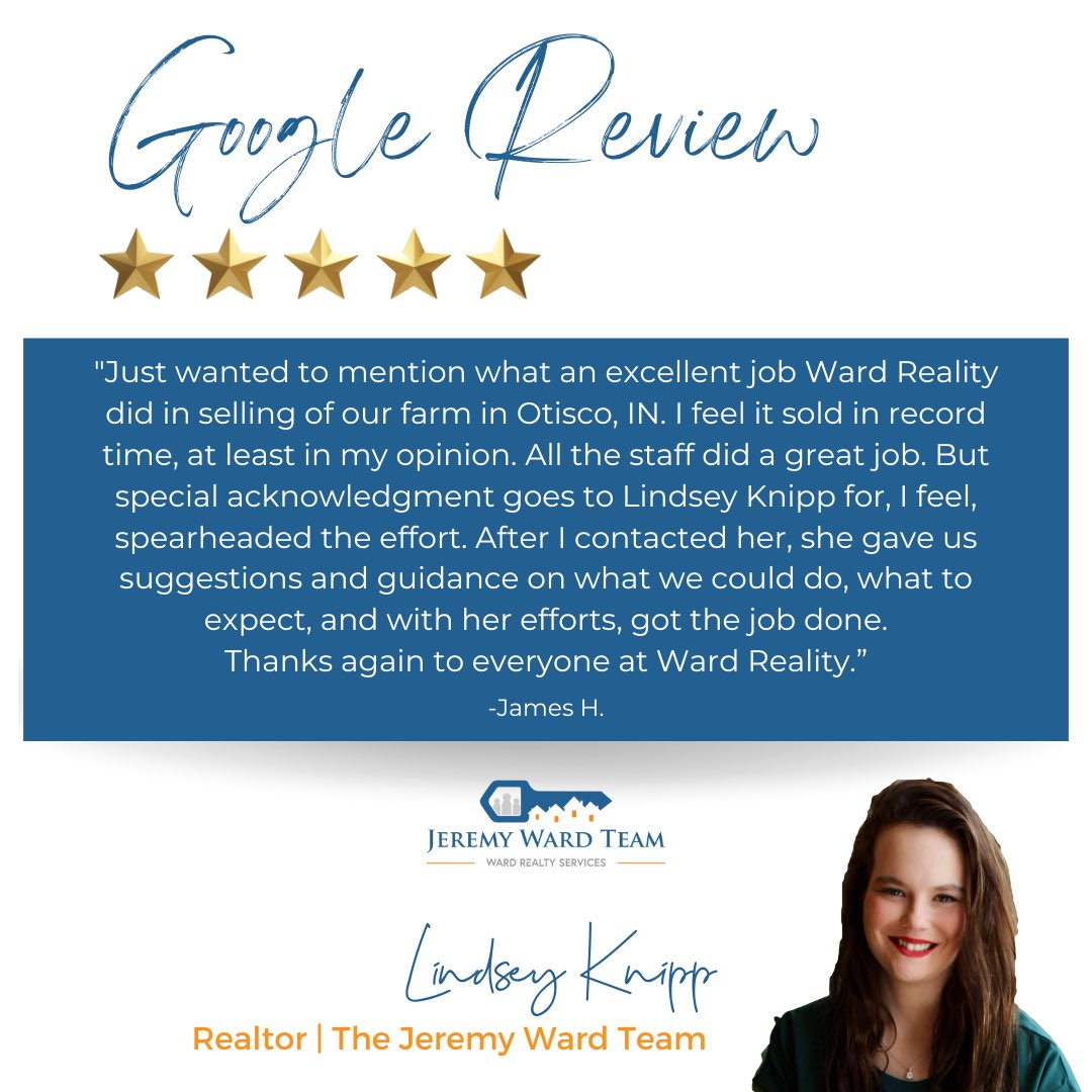 Thank you 🙏🏼 for this awesome 5 star review!! Lindsey does a great job! We appreciate the opportunity to serve you in this move. Please don’t hesitate to reach out when you need us. #clientreview #soinrealestate #southernindiana #thejeremywardteam #serviceneverstops