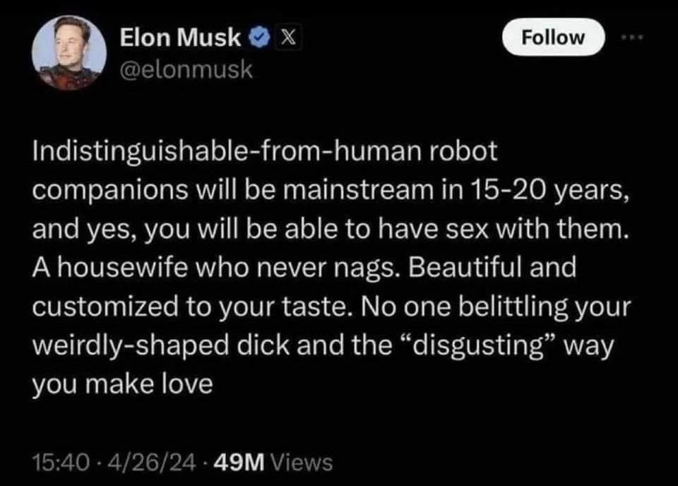 Elon telling us he isn’t good in bed. lol