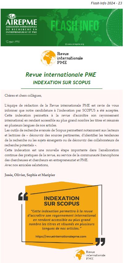 📢[Flash Info 2021-23] Félicitations à l'équipe de rédaction de la Revue Internationale PME sur son INDEXATION SUR SCOPUS 👏👏👏

<a href="/Revue_Int_PME/">Revue internationale PME</a> <a href="/airepme/">AIREPME</a>