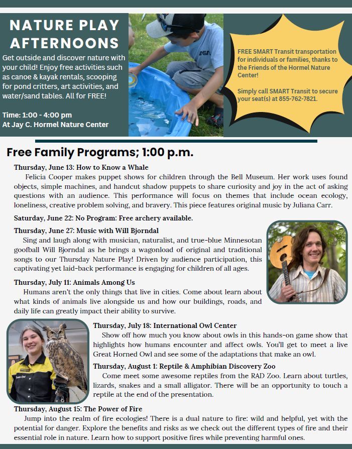 Hey #AustinMN! We're partnering with the Friends of the Hormel Nature Center to offer free rides to some great summer activities at the Jay C. Hormel Nature Center! 

#Nature #OutdoorFun #FamilyFun