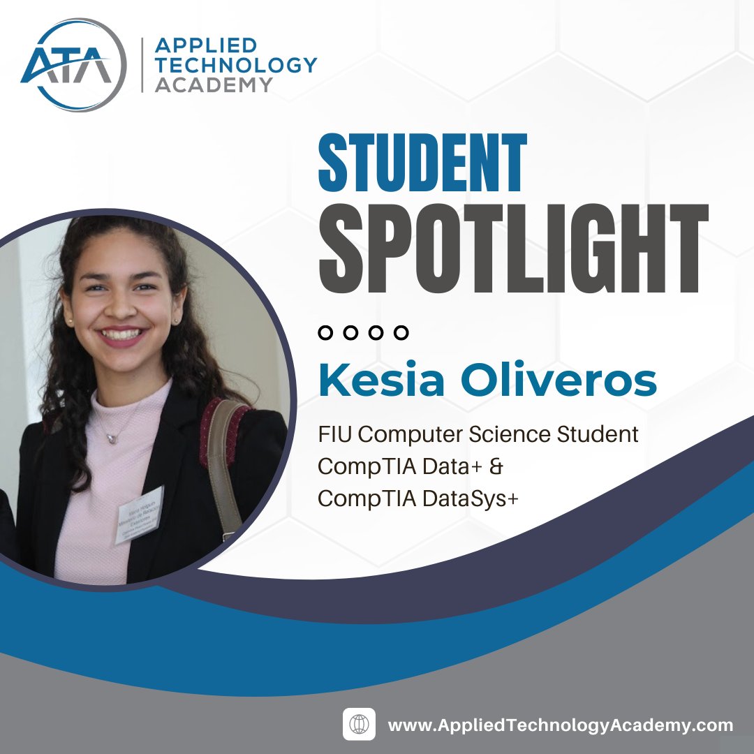 ATA would like to Spotlight Kesia Oliveros as one of our Successful Students! Certs: Data+, DataSys+ As a college student that works and goes to school full time, I need classes with recordings and is flexible to match my many responsibilities. #goals #success #Proud