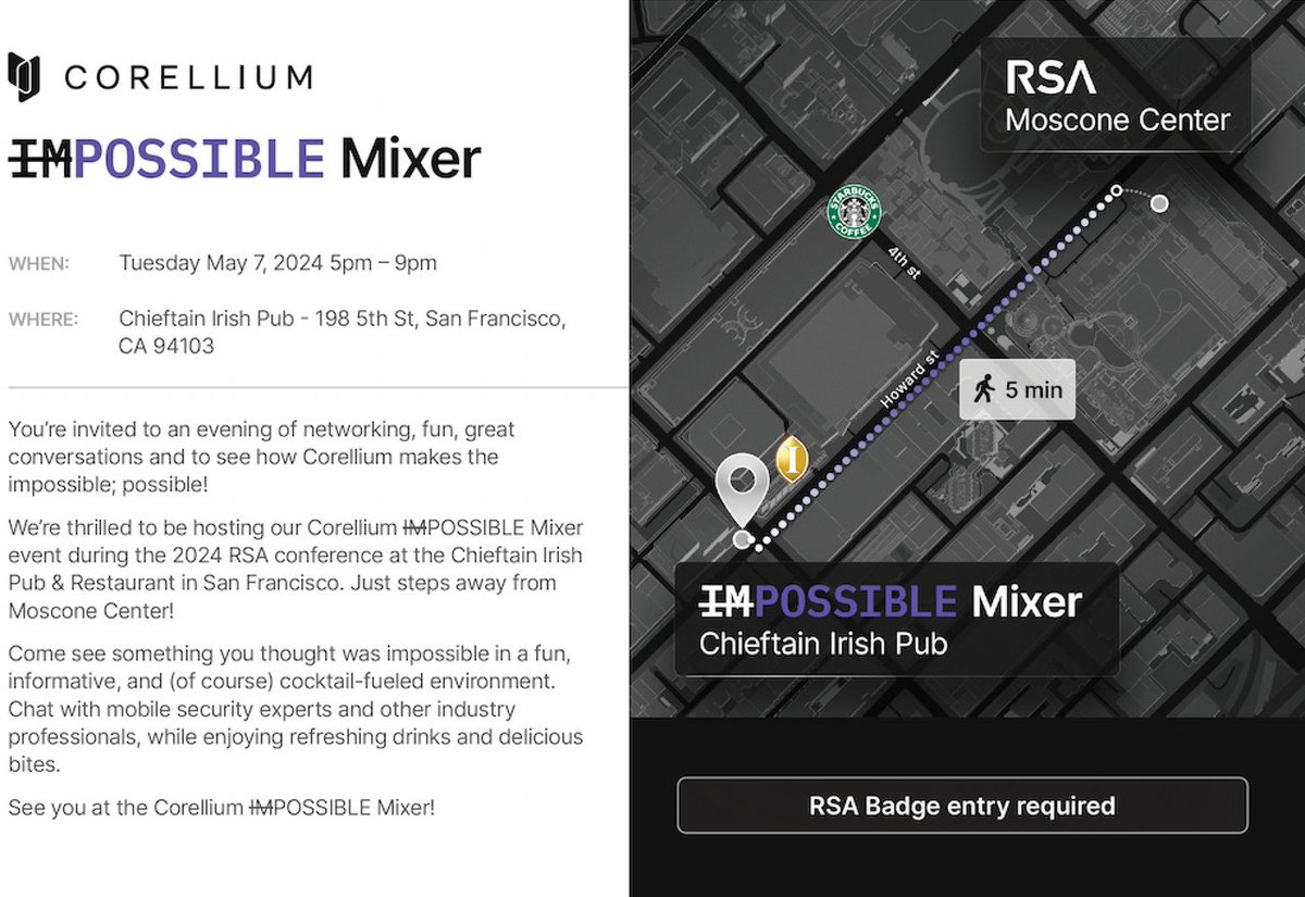 📢 One week left until #RSAC! 🎉 Don't miss out—mark your calendars! Join us for a relaxing evening with drinks, apps, and a talk by Chief Evangelist Brian Robison on Mobile Malware, Threats, and Virtualization. See you there! 🍹📱🔒 #cybersecurity bit.ly/3xOxbA7