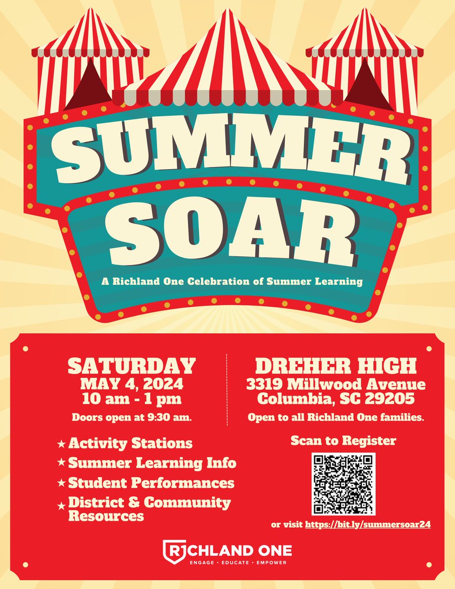 Make plans to attend Richland One's Summer SOAR Celebration of Summer Learning this Saturday, May 4 from 10 a.m.-1 p.m. at @DreherHigh. To register, scan the QR code on the flyer or click the link below. forms.office.com/Pages/Response… #TeamOne #OneTeam