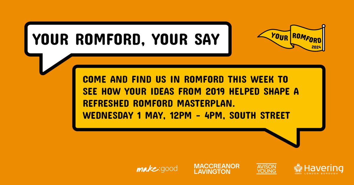 Have you had your say on the Romford Masterplan refresh yet? Come and #HaveYourSay this week on Wednesday 1 May, 12pm to 4pm South Street (opposite M&S Foodhall) Or visit orlo.uk/oJnFW to fill out the online questionnaire between 8 April – 3 May 2024 #YourRomford