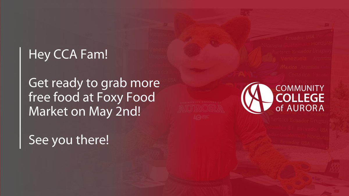 Hi CCA fam! Here's another opportunity for you to stock up on free food—Foxy Food Market is happening again on May 2nd! 1️⃣ North Quad Parking Lot, Lowry Campus (10:30 a.m. - 12:30 p.m.) 2️⃣ Student Center Parking Lot, CentreTech Campus (1:30 - 3:30 p.m.) See you!