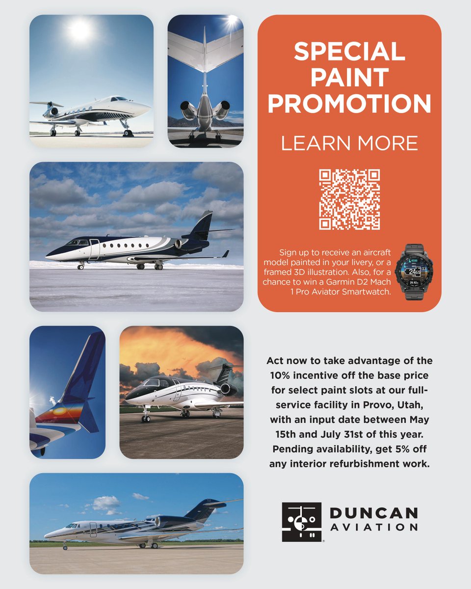 We are excited to offer a special 2024 NBAA Maintenance Conference Paint Promotion for a complete exterior strip and repaint for owners and operators of large cabin aircraft. Click the link to learn more: bit.ly/3TS3Axc #DuncanAviation