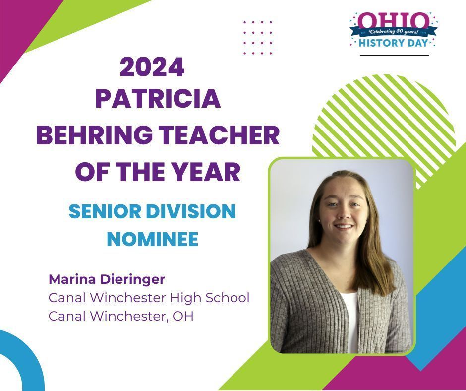 🥳 Congratulations to our 2024 Senior Division nominee for the NHD Patricia Behring Teacher of the Year Award, Marina Dieringer! Marina was nominated for her dedication to bringing History Day everywhere she goes! Congratulations, Marina!!