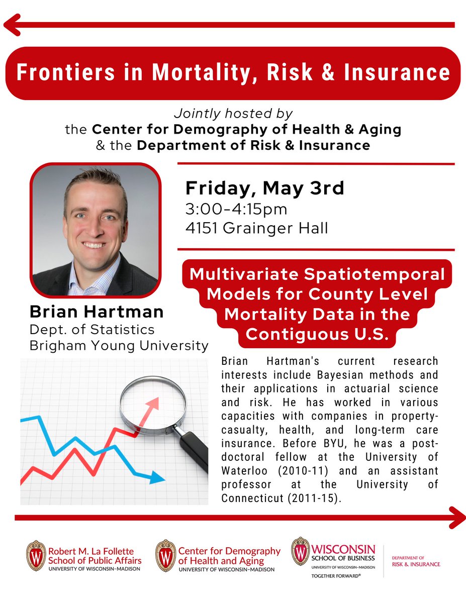 📈FMRI seminar this week: Brian Hartman (@BYU) will present “Multivariate Spatiotemporal Models for County Level Mortality Data in the Contiguous United States” ➡️Join us this Friday, May 3rd, from 3:00-4:15pm in Grainger Hall Rm. 4151 for our final seminar of the semester!