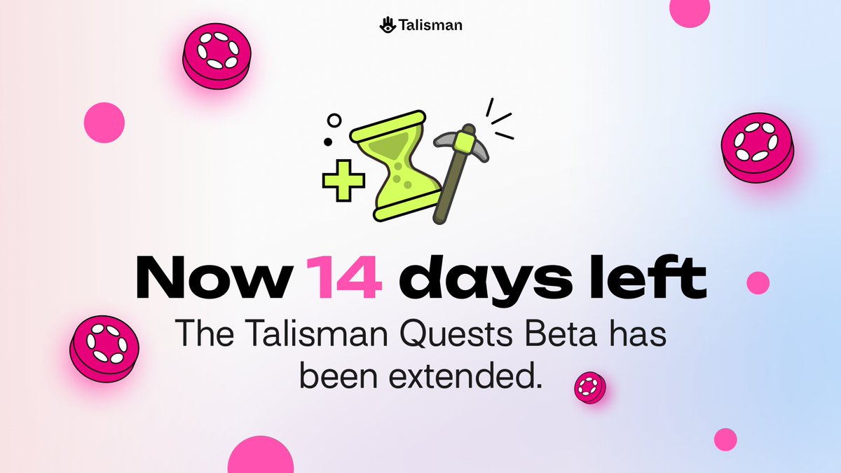 Hey Questoors! 🌟 Your incredible enthusiasm has temporarily overwhelmed Talisman Quests! We’re hard at work upgrading our infrastructure. 🛠️ To ensure the best experience for everyone, we're extending the Beta by two more weeks and delaying the $DOT airdrop until May 14th.