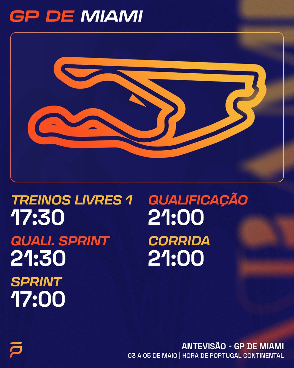 FormulaPortugal's tweet photo. Semana de corrida! 🤩

Fica com o horário e todos os dados do #MiamiGP! 🇺🇸

📝 Hora de Portugal Continental. Todas as sessões têm transmissão na @sporttvportugal

#F1 #F1naSPORTTV https://t.co/CAfTp2Ll4U