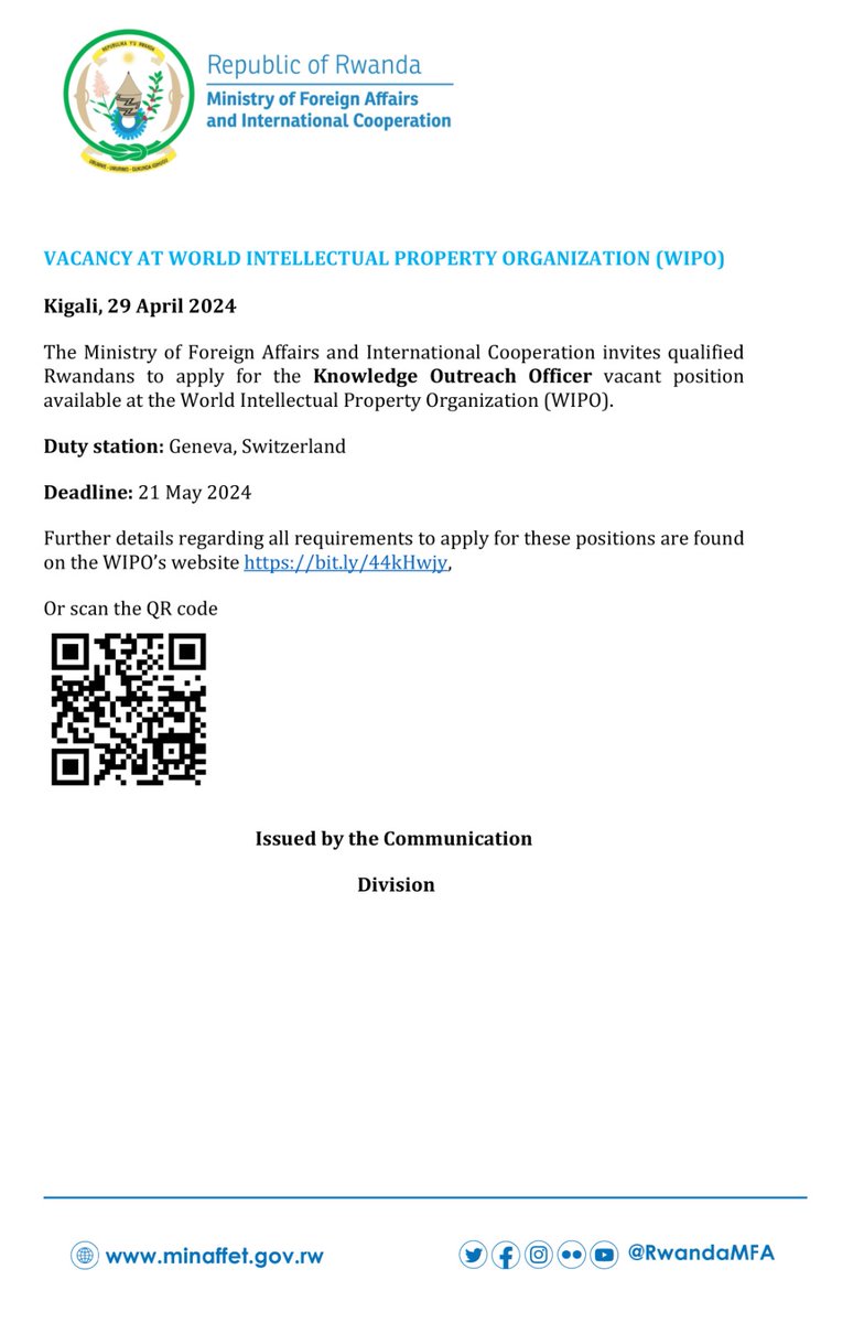 Job opportunity at WIPO. Qualified candidates can apply via the following link: bit.ly/44kHwjy or scan the QR code.