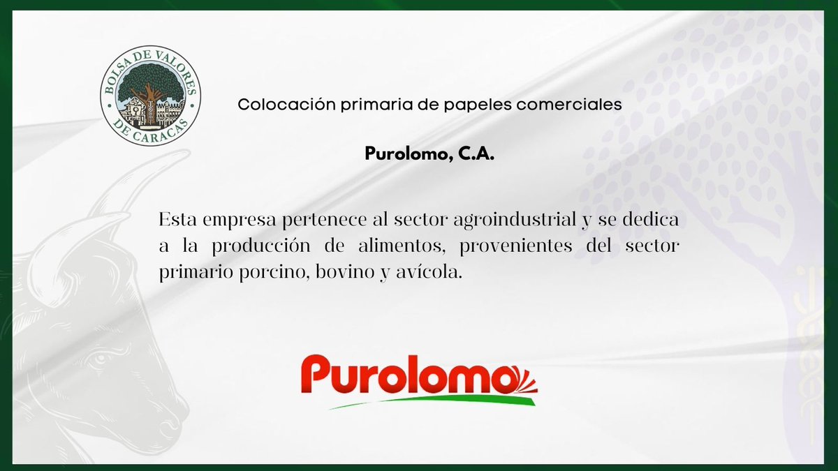 La Bolsa de Valores de Caracas, en su carácter institucional de promover el mercado de valores de #RentaFija, informa sobre la colocación primaria de Papeles Comerciales al portador de la empresa Purolomo, C.A. 

🧑‍💻  bit.ly/4cMxj30