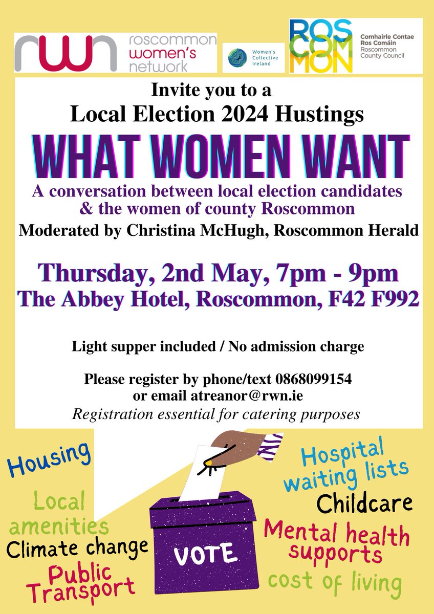 SHE Programme (@seeherelected) on Twitter photo Local Election Hustings- What Women Want- join in a conversation between local election candidates and the women of Co Roscommon <a href="/Abbeyros/">AbbeyHotelRoscommon</a> Thursday, May 2nd 7-9pm <a href="/RWN_Roscommon/">Roscommon Women's Network</a> <a href="/roscommoncoco/">Roscommon County Council</a> <a href="/RoscommonHerald/">Roscommon Herald</a> Local Election Hustings- What Women Want- join in a conversation between local election candidates and the women of Co Roscommon <a href="/Abbeyros/">AbbeyHotelRoscommon</a> Thursday, May 2nd 7-9pm <a href="/RWN_Roscommon/">Roscommon Women's Network</a> <a href="/roscommoncoco/">Roscommon County Council</a> <a href="/RoscommonHerald/">Roscommon Herald</a>