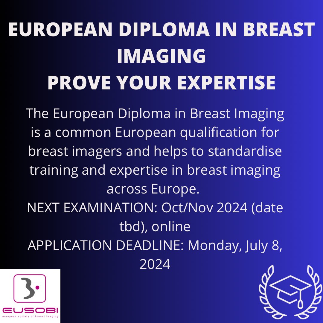 ✨European Diploma in Breast Imaging (EDBI)📝🩺🏅 ⏰ APPLICATION DEADLINE: MONDAY, JULY 8, 2024 ⚠️ 💻 NEXT EXAMINATION: OCT/NOV 2024 – exact date to be defined More information ➡️ EUSOBI website eusobi.org/european-diplo… #eusobi #breastradiology #diploma #EDBI #boardexam