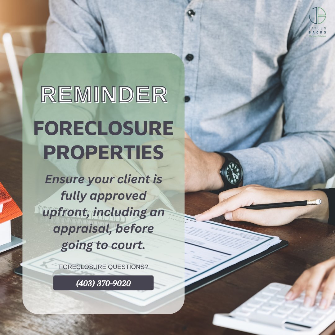 I'm here to help you and your clients navigate this process smoothly. Let's team up and seize these foreclosure opportunities! 🤝 

📞 (403) 370-9020
🌐 jaydenbacks.ca
📩 jayden@jaydenbacks.ca

#CalgaryLiving #CalgaryHomes #CalgaryRealEstate #CalgaryLife