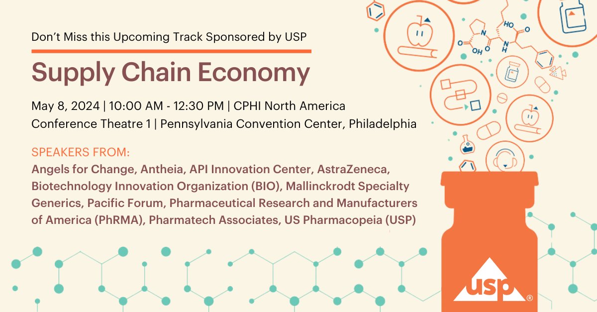 📢 Less than 2 weeks until CPHI North America! Join us for the Supply Chain Economy track sponsored by USP on May 8th at the Pennsylvania Convention Center! Secure your spot now: ow.ly/wOgK50RlA6W #CPHINA2024 #PharmaSupplyChain