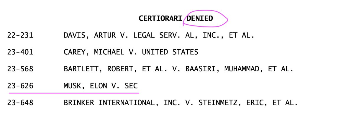 Last Wednesday, a federal judge denied Elon Musk’s request to terminate his 2018 agreement with the SEC, requiring him get pre-approval on X posts and to quash a new subpoena. 

The US Supreme Court has now declined to take the case, so the ruling stands. supremecourt.gov/orders/courtor…