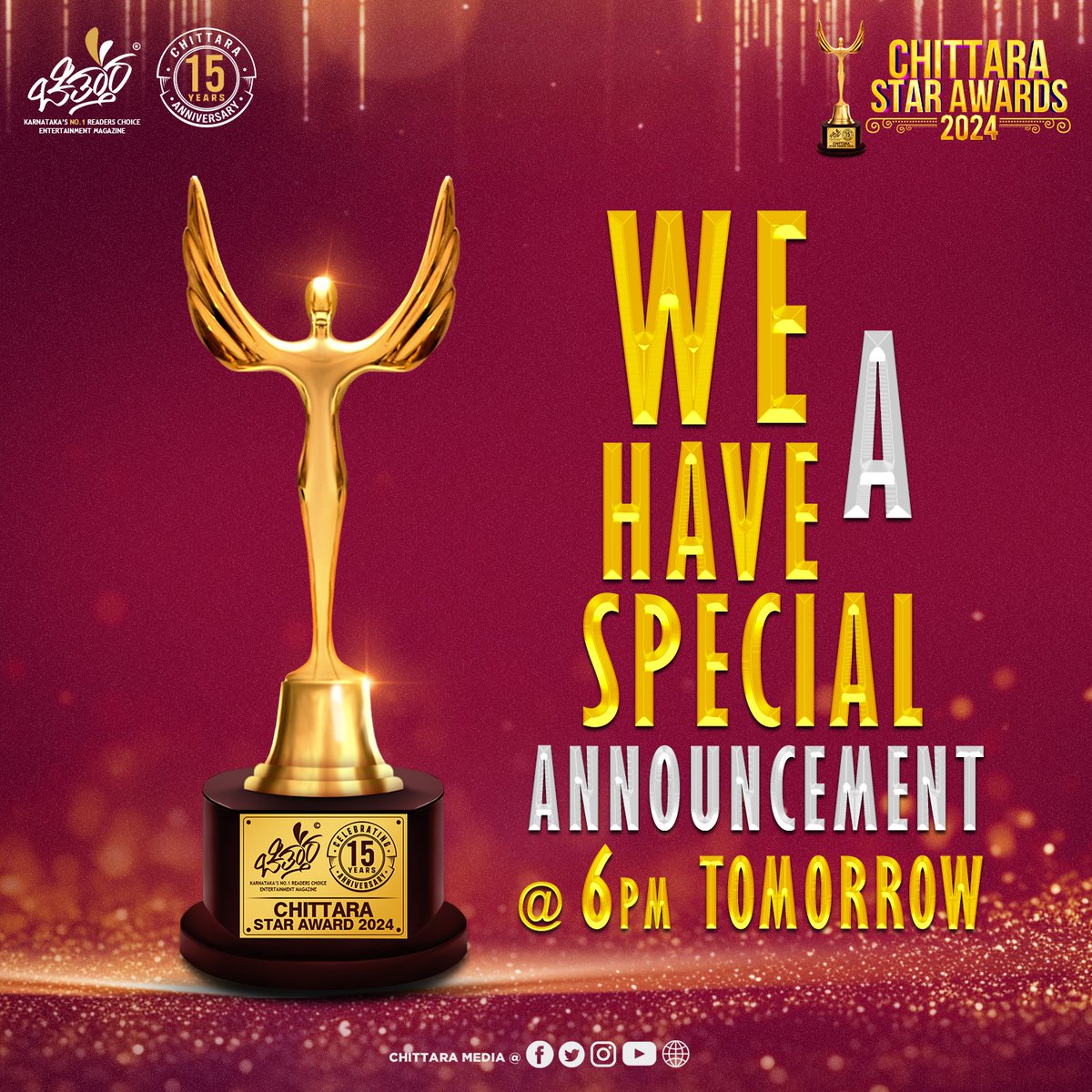 We have special announcement tomorrow! Can you guess what it is? 👀 Stay Tuned for More updates #ChittaraStarAwards2024 #ChittaraStarAwards #Chittara