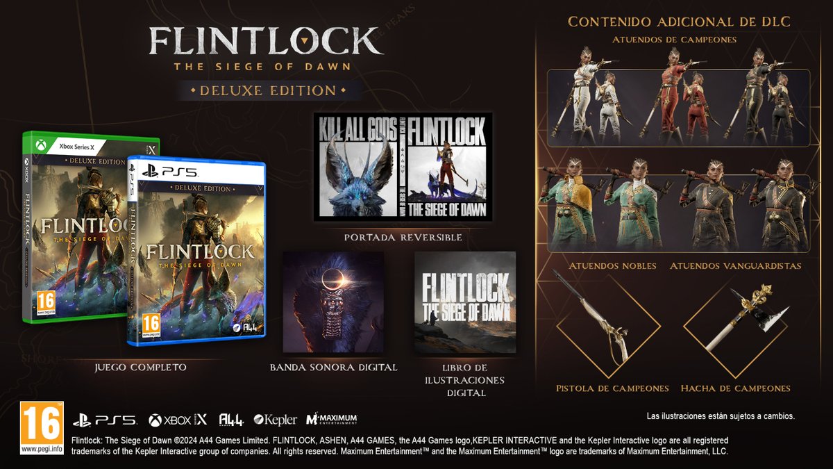 ¡Confirmado el contenido de la Deluxe Edition de Flintlock: The Siege of Dawn para PS5 y Xbox Series X! 🔄Portada reversible 🎵 Banda Sonora Digital 🎨 Libro de ilustraciones digitales 🪓 Atuendos y armas para Nor Vanek Toda la info y reservas:  i.mtr.cool/ccsfdrlard