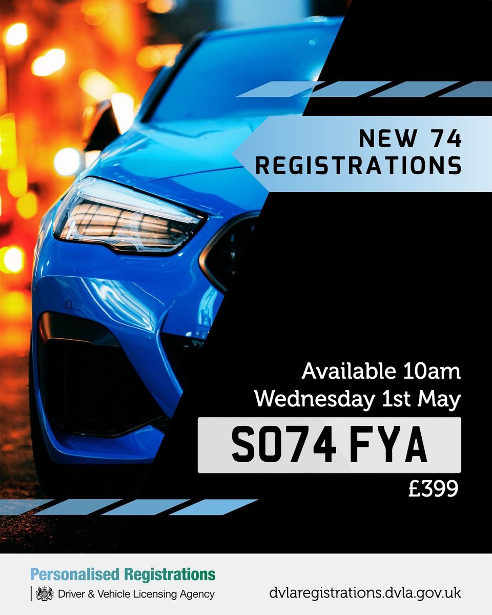 The new 74 series of registrations is now available for viewing! 🤩

They will be available to buy from 10am on Wednesday so don't forget to set your alarm 📆

Find your favourite here 👉 ow.ly/qGPw50Rn6U9 
#MyDVLAReg #MakeItPersonal #DVLARegistrations