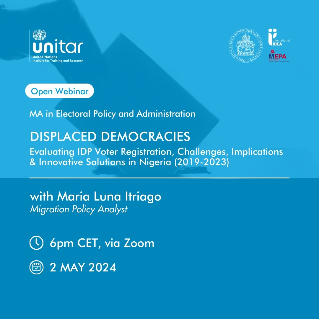 UNITAR (@unitar) on Twitter photo Save the date! Join us for 'Displaced Democracies: Evaluating IDP Voter Registration, Challenges, Implications & Innovative Solutions in Nigeria (2019-2023)' with <a href="/MariaLuItriago/">Maria Luna Itriago</a> on 2nd May 2024, 6 PM CET. Save the date! Join us for 'Displaced Democracies: Evaluating IDP Voter Registration, Challenges, Implications & Innovative Solutions in Nigeria (2019-2023)' with <a href="/MariaLuItriago/">Maria Luna Itriago</a> on 2nd May 2024, 6 PM CET.