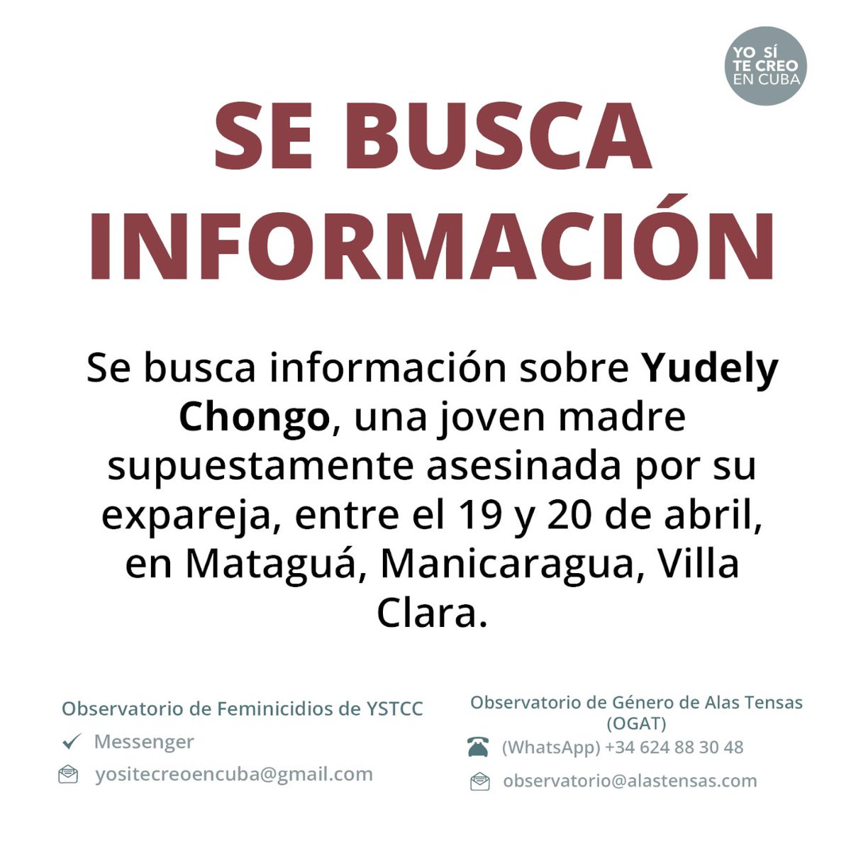 📣Se busca información sobre Yudely Chongo, una joven madre supuestamente asesinada por su expareja, entre el 19 y 20 de abril, en Mataguá, Manicaragua, Villa Clara.