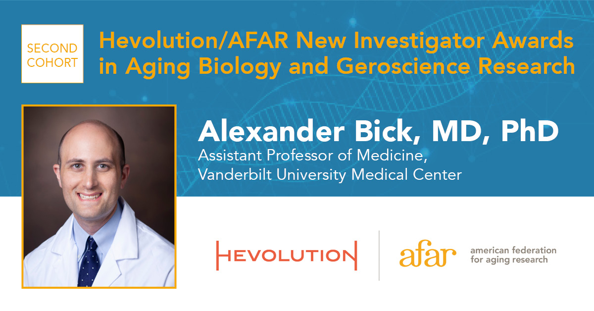 Through a @Hevolution_f and AFAR grant, @AlexBickMDPhD, of @VUMCDiscoveries will research 'Identifying Clonal Hematopoiesis Resiliency Mechanisms.' Learn more here: afar.org/grantee-profil… #stemcells #DNA #Clinical #humangenome #Longevity