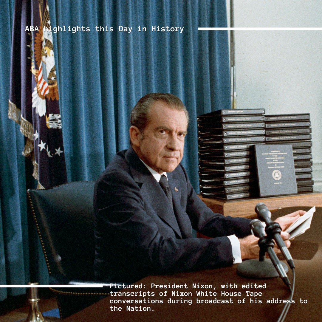 Today in 1974, Nixon released edited White House transcripts, citing executive privilege, intensifying Watergate scrutiny and sparking debates on presidential immunity. @ABAEsq reflects on its impact on executive transparency and accountability. #LegalHistory #ABA