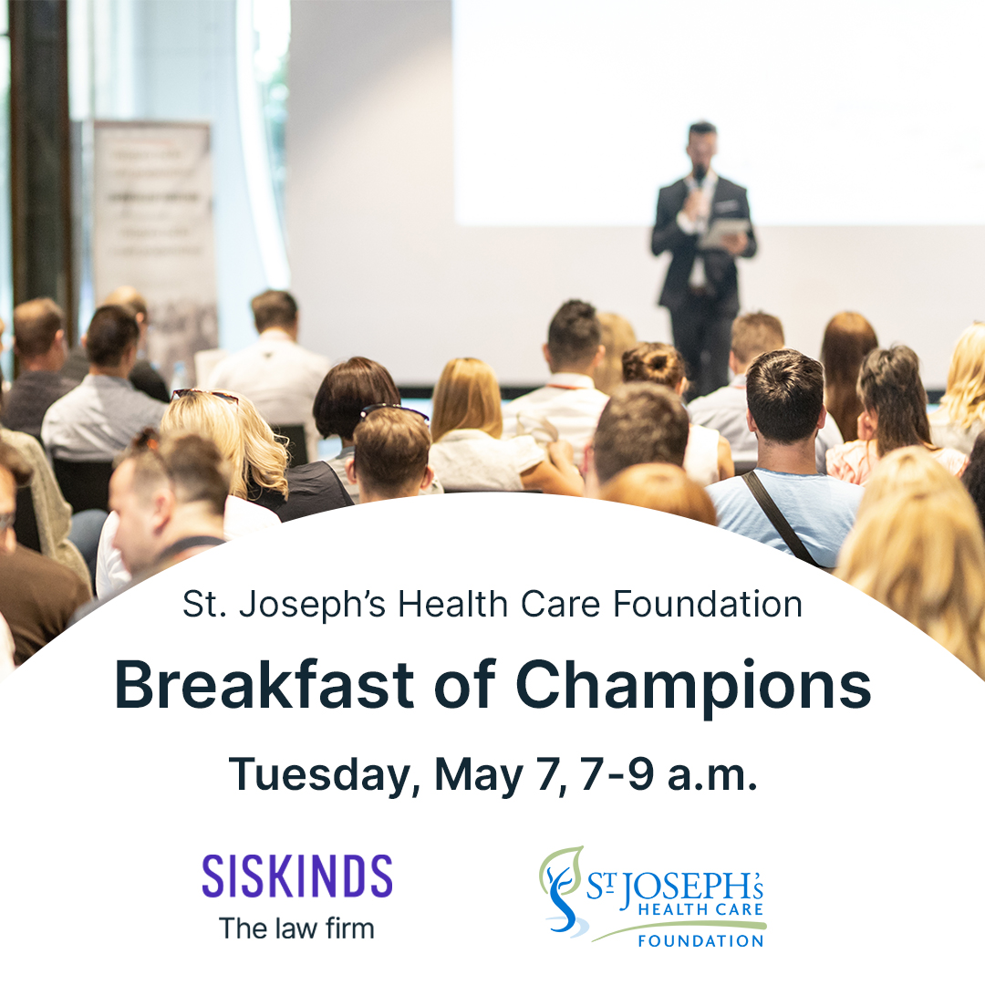 Siskinds is proud to sponsor Breakfast of Champions, hosted by @stjosephslondon in partnership with @cmha_tv. Breakfast of champions raises awareness and funds for mental health care. Neil Pasricha will present on building personal resiliency and fostering happiness.