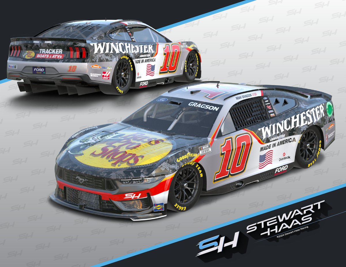 🎨: @BassProShops returns the No. 10 @StewartHaasRcng Ford Mustang with @NoahGragson this weekend at Kansas Speedway, with @Winchester serving as a co-primary sponsor.

#NASCAR