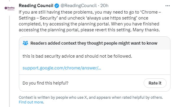 Do you remember when we were community noted for giving out terrible security advice and putting residents information at risk? The Council were made aware.  Labour's Micky Leng was made aware several times. Ignored until community noted. For more of this, vote Labour.  #rdguk