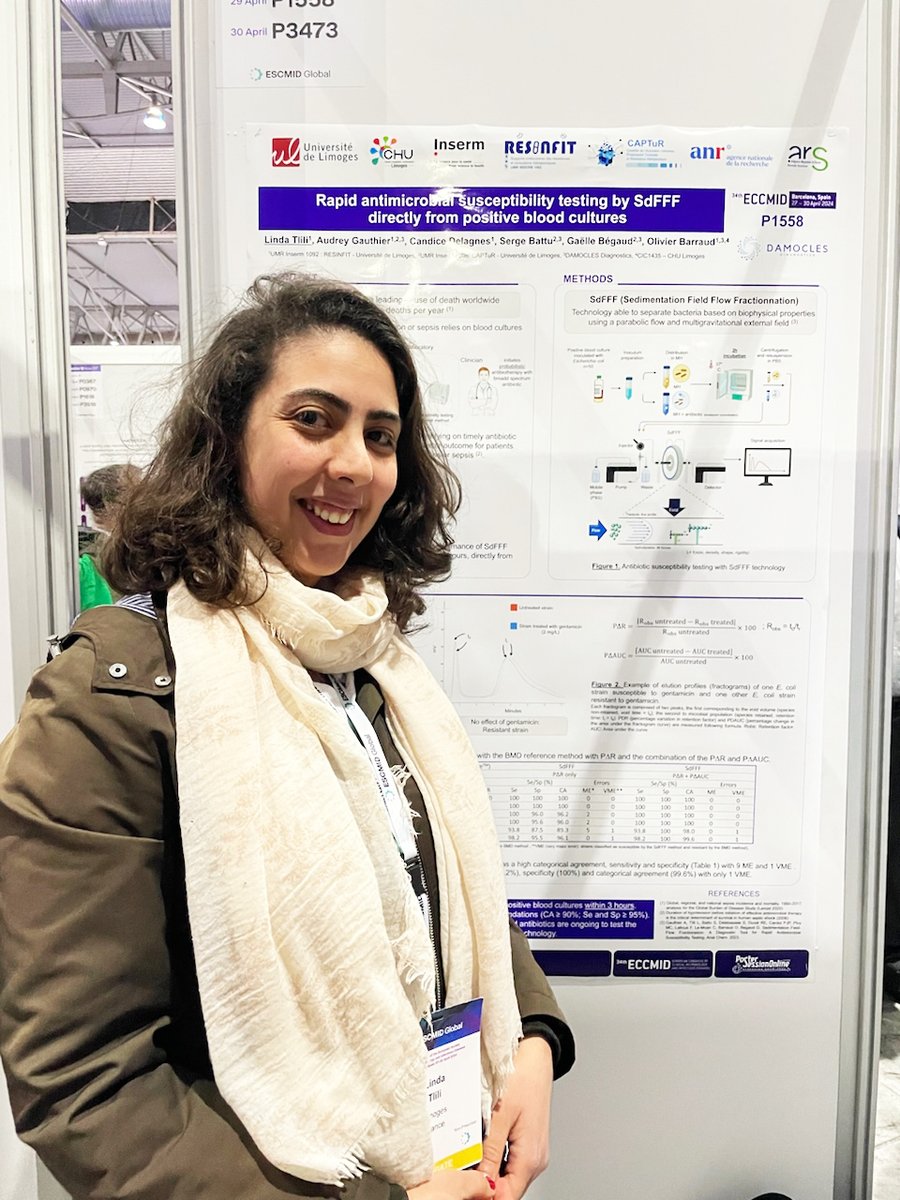 🔍 𝗣𝗼𝘀𝘁𝗲𝗿 <a href="/ESCMID/">ESCMID</a> | Rapid antimicrobial susceptibility testing by SdFFF directly from positive blood cultures

✔️ Parmi nos membres présents à Barcelone du 27 au 30 avril, 𝗟𝗶𝗻𝗱𝗮 𝗧𝗹𝗶𝗹𝗶 - post-doctorante <a href="/RESINFIT/">UMR 1092 RESINFIT - 𝘊𝘰𝘮𝘱𝘵𝘦 𝘪𝘯𝘢𝘤𝘵𝘪𝘧</a> - présente son poster pour l'#ESCMIDGlobal2024 😉