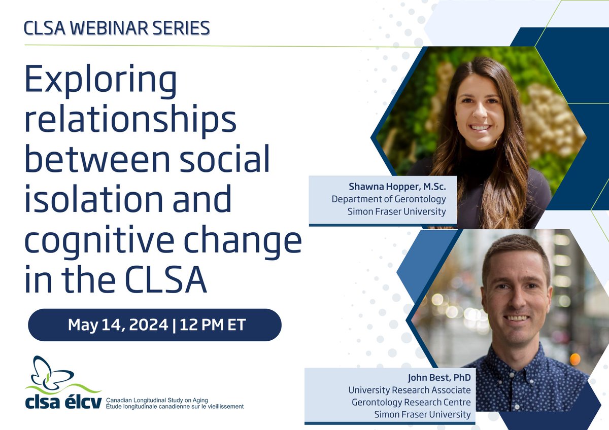 Canadian Longitudinal Study on Aging (CLSA) (@clsa_elcv) on Twitter photo Join us May 14 at Noon ET for the next #CLSAwebinar.
Shawna Hopper and Dr. John Best of <a href="/SFUGero/">SFU Gerontology</a> will present “Exploring relationships between social isolation and cognitive change in the CLSA.”
To register: ow.ly/b1gl50Rp9s0 Join us May 14 at Noon ET for the next #CLSAwebinar.
Shawna Hopper and Dr. John Best of <a href="/SFUGero/">SFU Gerontology</a> will present “Exploring relationships between social isolation and cognitive change in the CLSA.”
To register: ow.ly/b1gl50Rp9s0