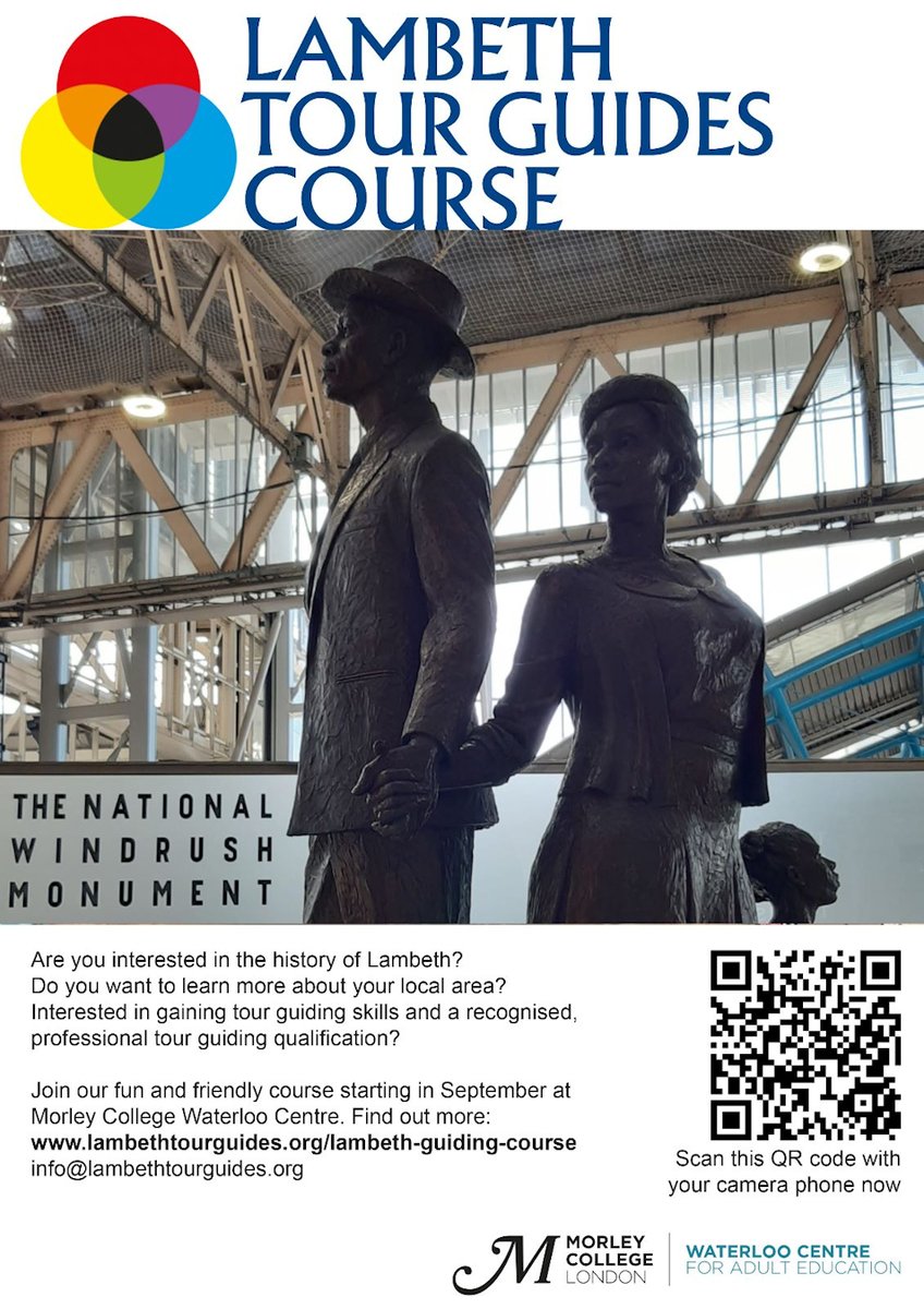 LAMBETH TOUR GUIDES
Are you interested in the history of Lambeth and want to learn more?
You could become a professional tour guide by joining the next Accredited Lambeth Tour Guides Course starting in September at Morley College.
See details in the flyer below.
<a href="/morleycollege/">Morley College London</a>
