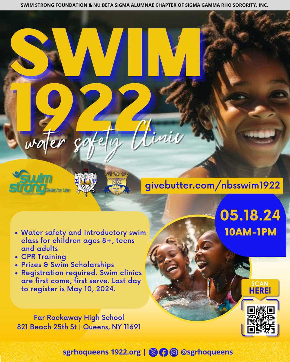 Queens, we’d like to extend an invite to you to join our no cost,#Swim1922 event. As summer approaches, #SigmaGammaRho Sorority Inc. wants to see our communities learn life saving water skills.💙💛