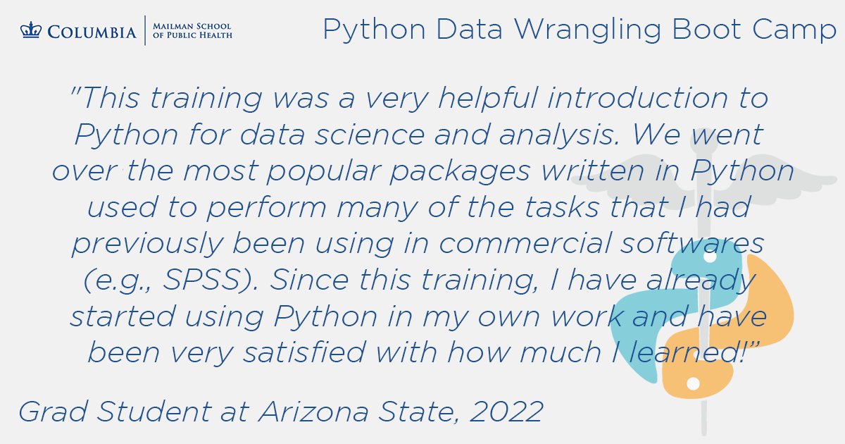 Investigators from any institution: get an intro to #Python & learn how it can be used to wrangle data sets using real-world biomedical data. Python Data Wrangling Boot Camp: June 6-7 in NYC, led by Susan McGregor of @DataSciColumbia. Register - publichealth.columbia.edu/SHARP/Python