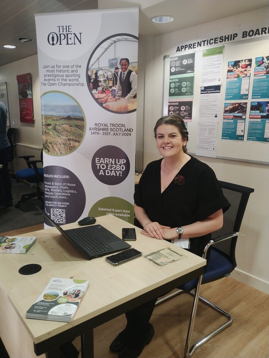 It was great to have Hazel from @AbsoluteTaste working in #Partnership with @JCPinScotland last week! Hazel will be recruiting staff for @TheOpen on Thursday 2 May in #Ayr Jobcentre. Speak to your Work Coach to reserve your interview. #AyrshireJobs #HospitalityJobs