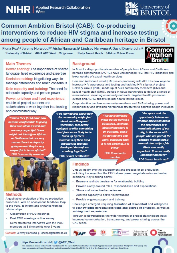Common Ambition Bristol @BristolCommon involves African & Caribbean heritage communities co-producing ways to ⬇️ #HIV stigma & ⬆️ testing
  
Findings presented at #BHIVA24 
➡️Co-production process - P124 
➡️Outreach - O18 @TemilolaAdeniyi + @4thfox 
➡️Info arc-w.nihr.ac.uk/research/proje…