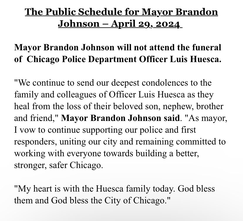 NEW: ⁦@ChicagosMayor⁩ will honor Huesca’s family’s wishes and will not attend funeral