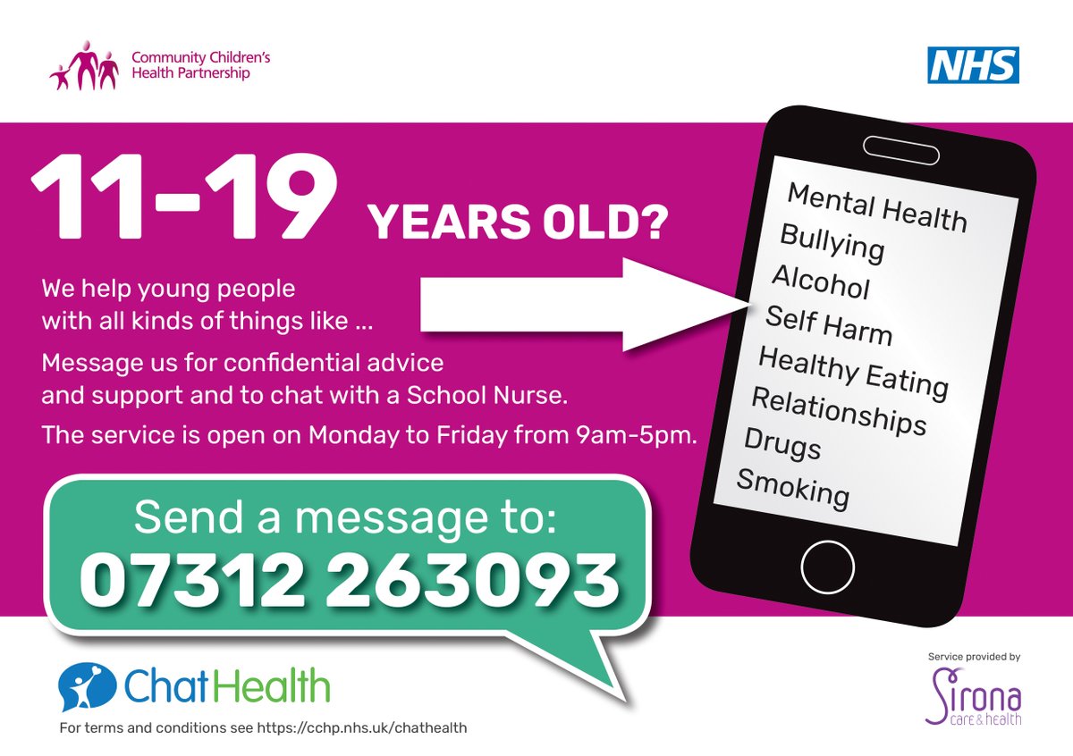 Are you worried about your exams, or struggling with your mental health and wellbeing? If you're 11-19, you can text our School Nurses for confidential advice and support. Text 07312 263093. #chathealth