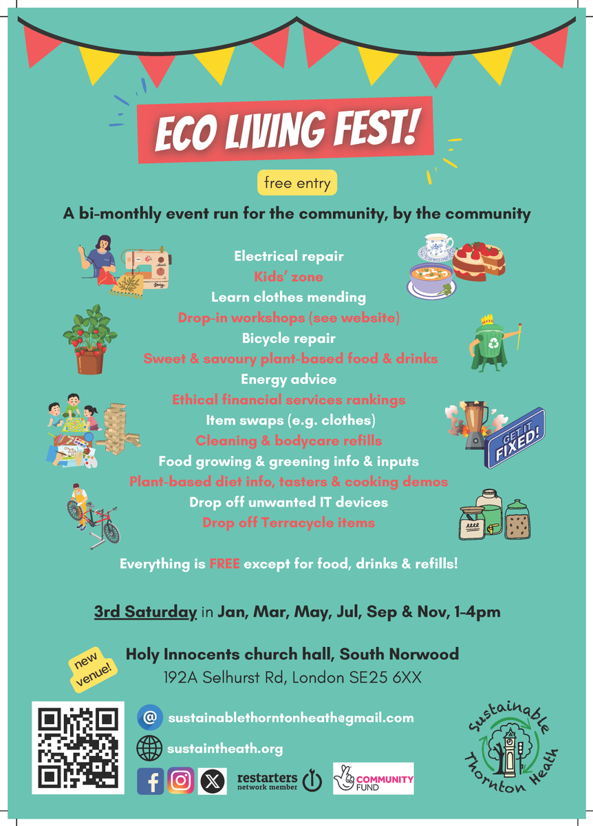 Eco Living Fest (formerly the Thornton Heath Sustainable Living Hub) will now be located at Holy Innocents Church on a bi-monthly basis!

Please go along to support and benefit from this great initiative!
#SouthNorwood #SustainableLiving #Croydon #Environment #LivingWell
