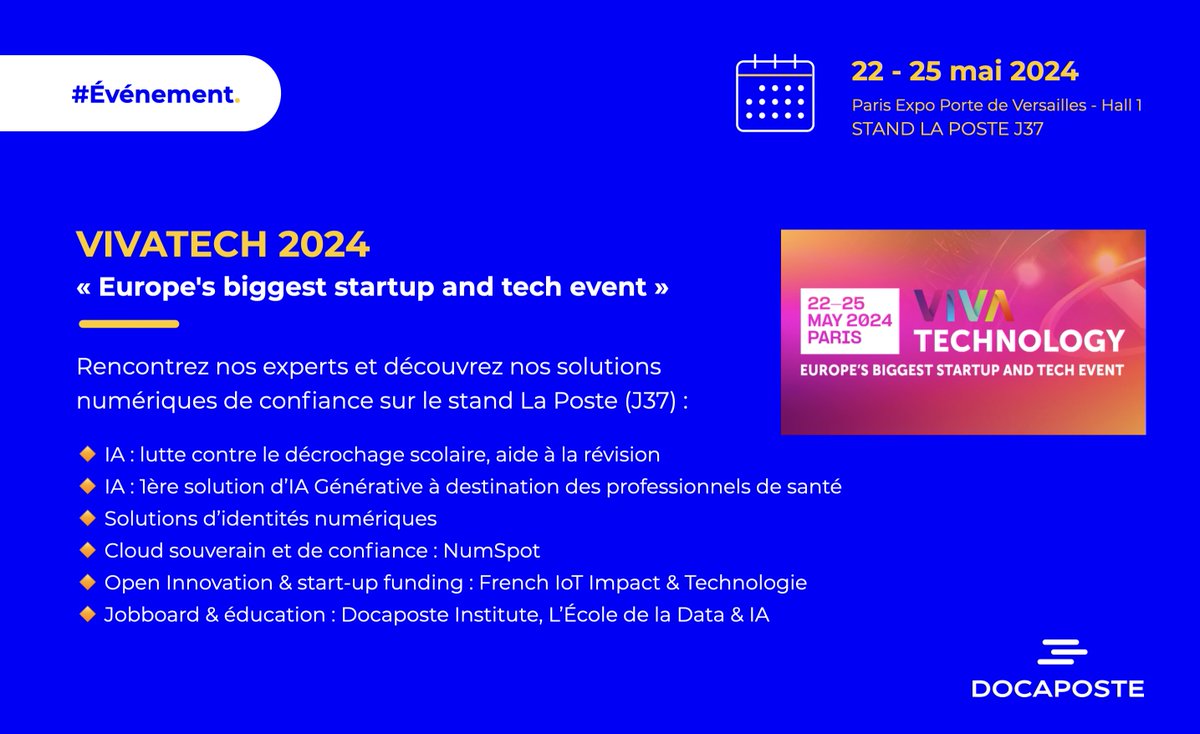 #Vivatech2023 | Nous avons hâte de vous retrouver du 22 au 25 mai pour le salon @VivaTech !

 Venez découvrir nos solutions et écosystèmes de confiance sur le stand #LaPoste J37 et rencontrer nos experts

Plus d'infos sur l.doca.info/lofE50RqxPi