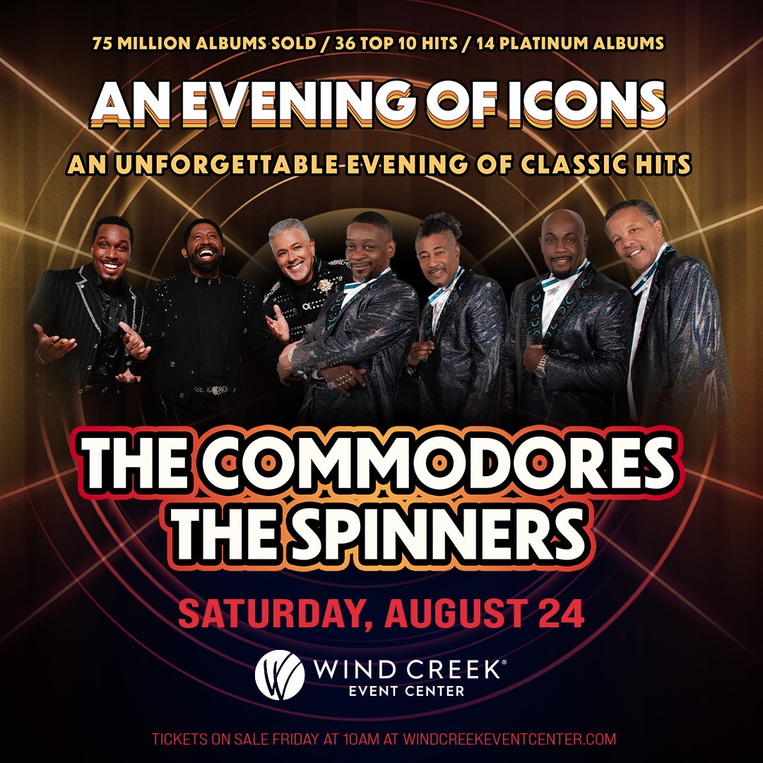 JUST ANNOUNCED! Party the night away with The Commodores and The Spinners on Saturday, August 24th! Tickets go on sale Friday! Get pre-sale information and learn more here: bit.ly/4a0LcrL