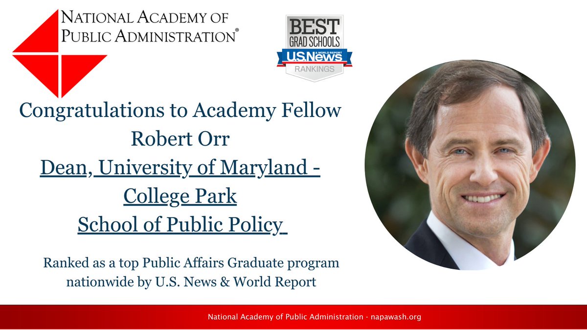 Congratulations to University of Maryland School of Public Policy and Academy Fellow Dean Robert Orr for being named one of the top-ranked master's programs in public affairs in the 2024 U.S. News & World Report list of #BestGradSchools!

usnews.com/best-graduate-…
