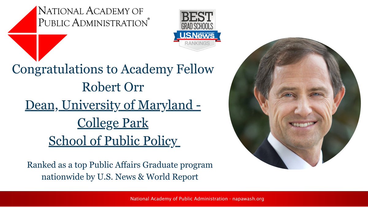 Congratulations to University of Maryland School of Public Policy and Academy Fellow Dean Robert Orr for being named one of the top-ranked master's programs in public affairs in the 2024 U.S. News & World Report list of #BestGradSchools! usnews.com/best-graduate-…